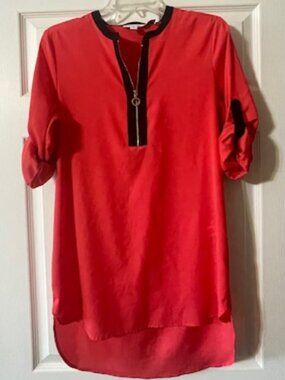 Calvin Klein Women's Dark Coral Roll-Tab-Sleeve Zip-Front Top Size M